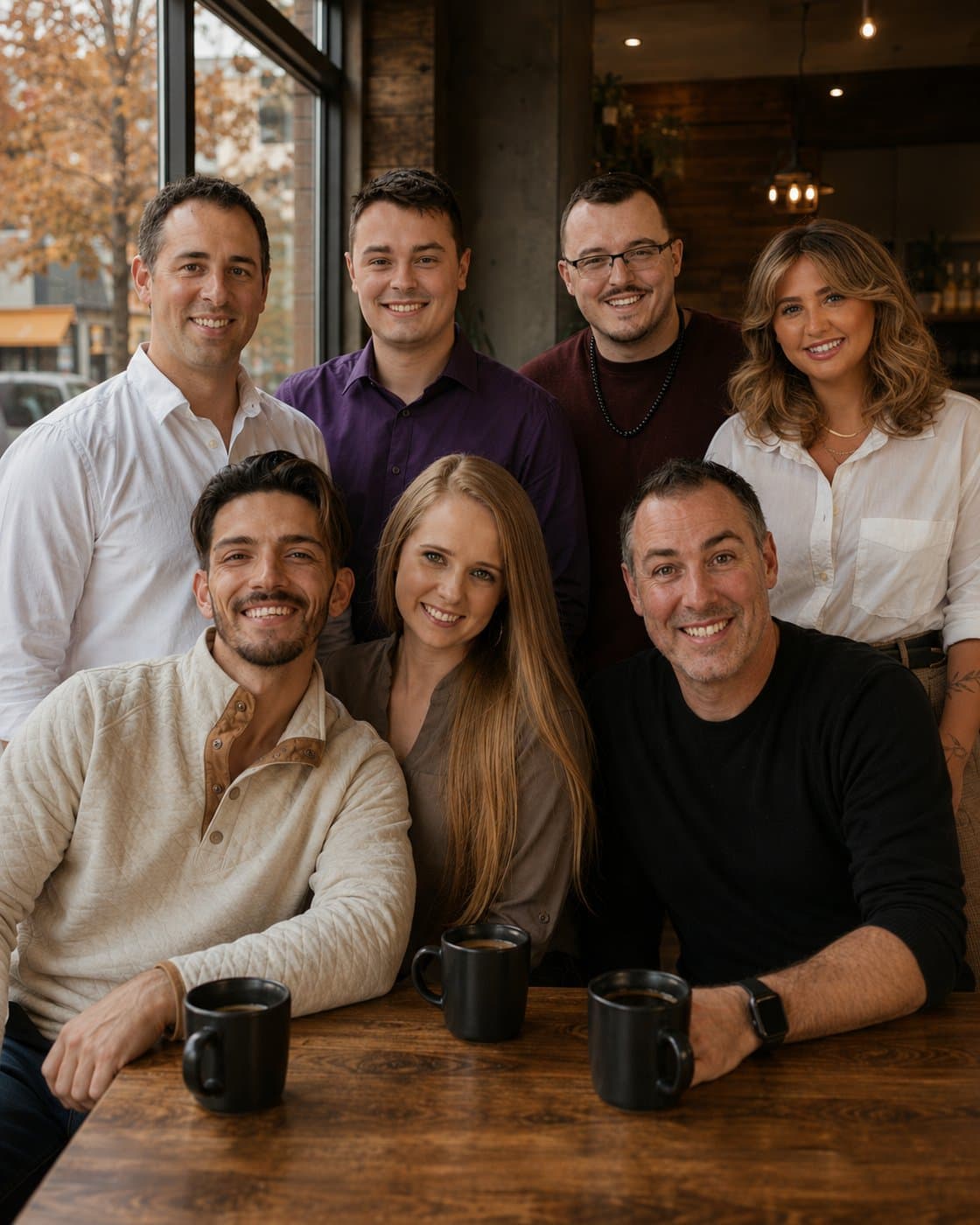 The Ernst Media team around a table at a coffee shop in Spokane