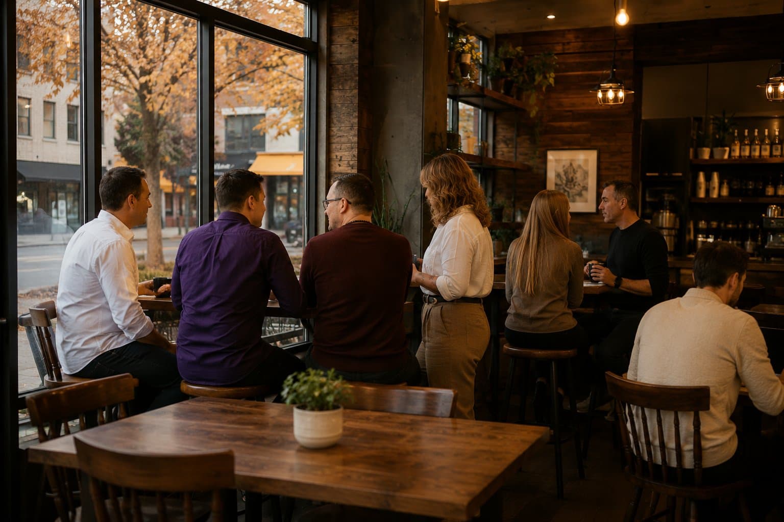 The Ernst Media team at the window counter of a coffee shop in Spokane