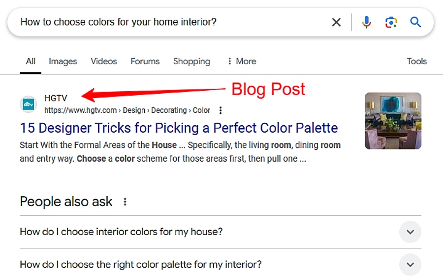 example of search engine results where a blog post is at the top