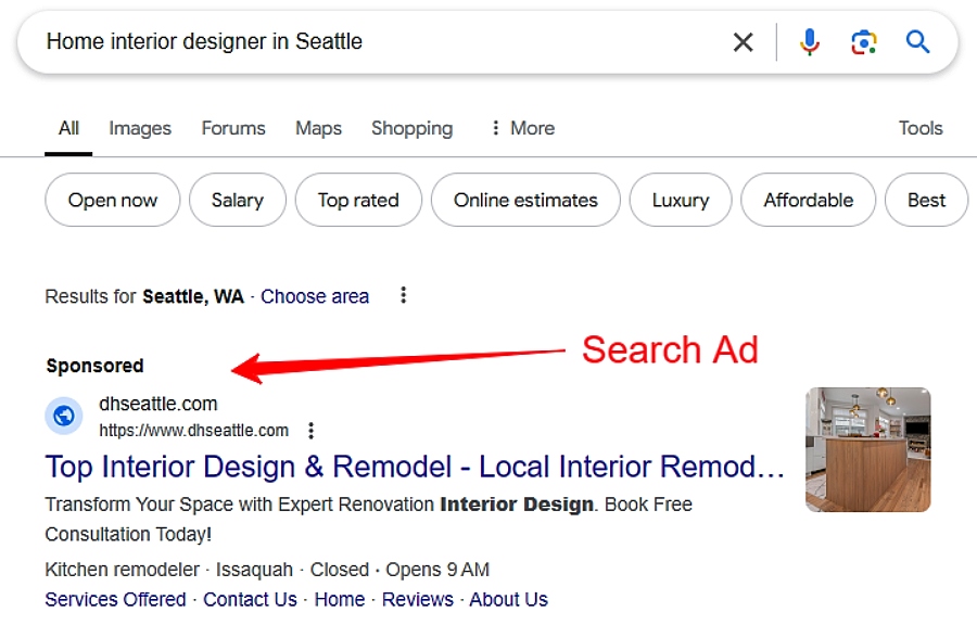 example of top search engine results being paid ads