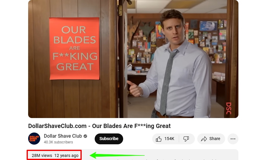 screenshot from the dollar shave club YouTube video proving that small businesses can succeed on this social platform